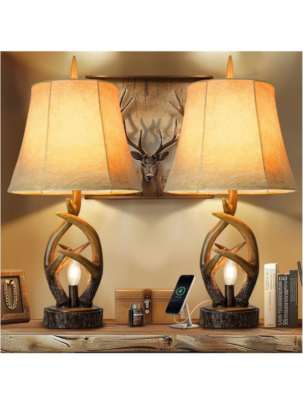 Rustic Antler Table Lamps Set of 2 with USB Ports - Stylish Night Light Decor